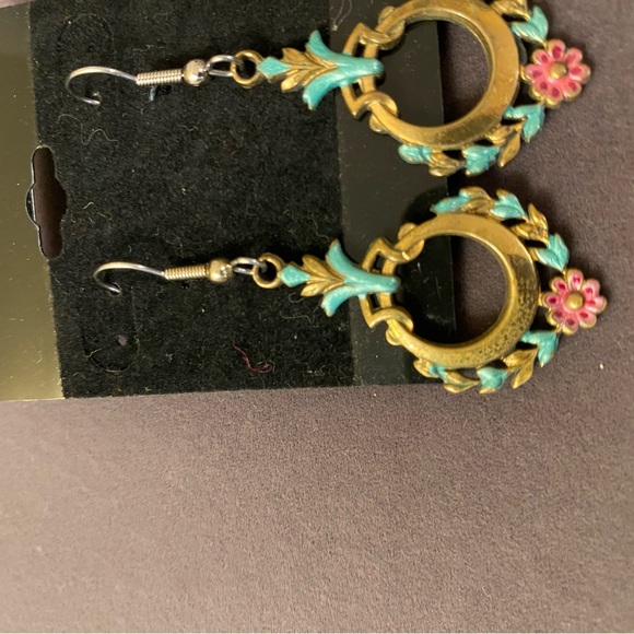 Vintage-Style Gold-tone Turquoise & Pink Floral Drop Earrings - Picture 4 of 5